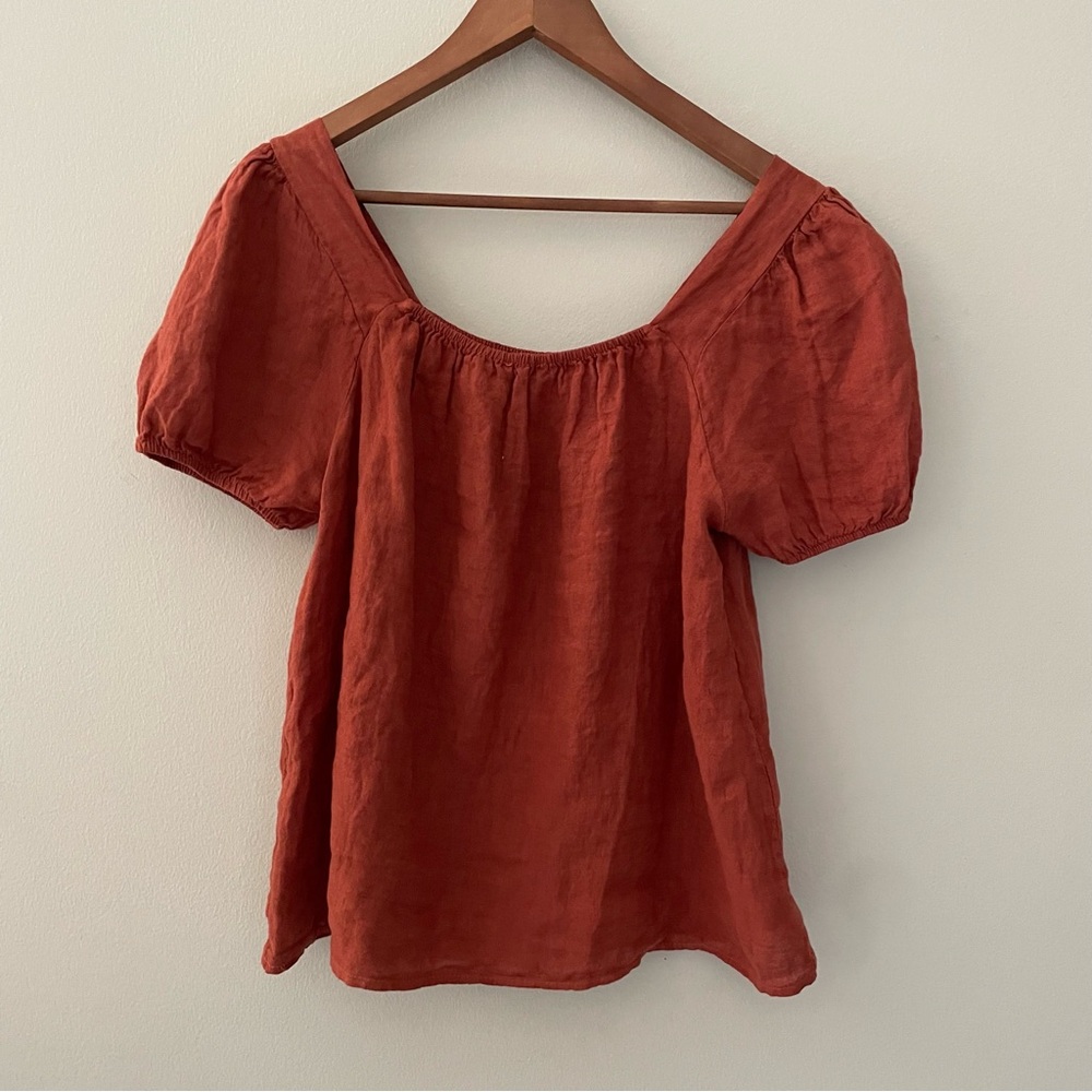 Italian Made Bellambra 100% Linen Blouse Top Puff Sleeve Rust Terracotta Large - Picture 2 of 14
